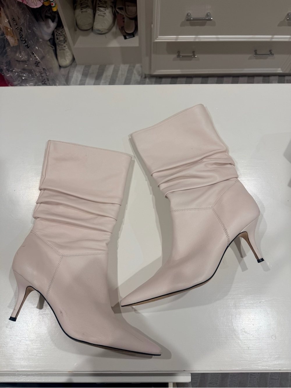 Nine West cream Pointed-Toe Mid-Calf Kitten Heel Boots